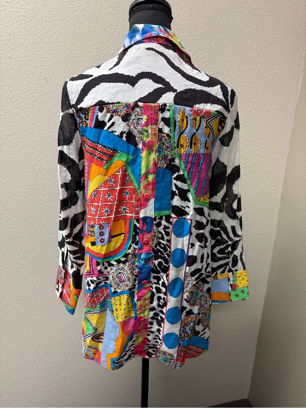 Pleats Collection Patchwork Shirt Small Colorful Abstract Zebra Button Top - Picture 5 of 10